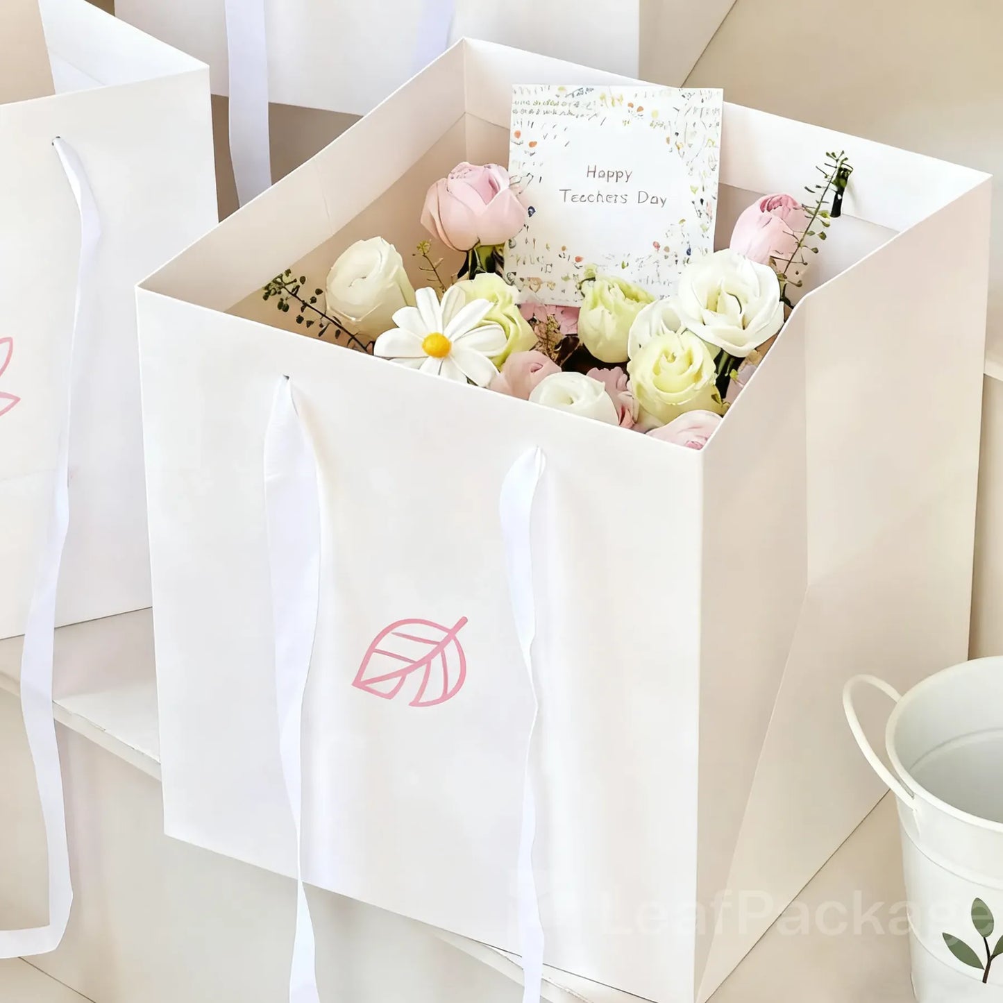 Custom Flower Bouquet Tote Bags with Ribbon Handles