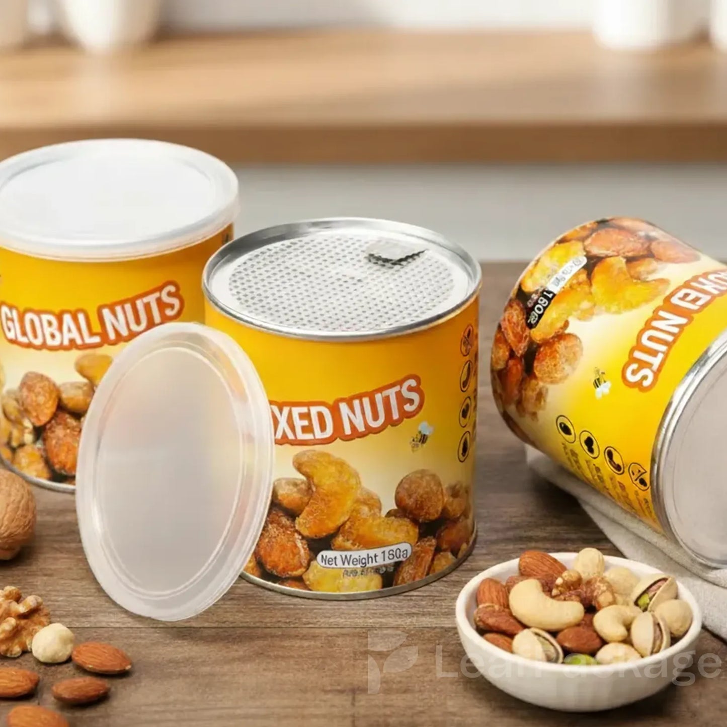 A biodegradable paper tube for nuts and snacks, customizable for small businesses, perfect for sustainable packaging solutions.
