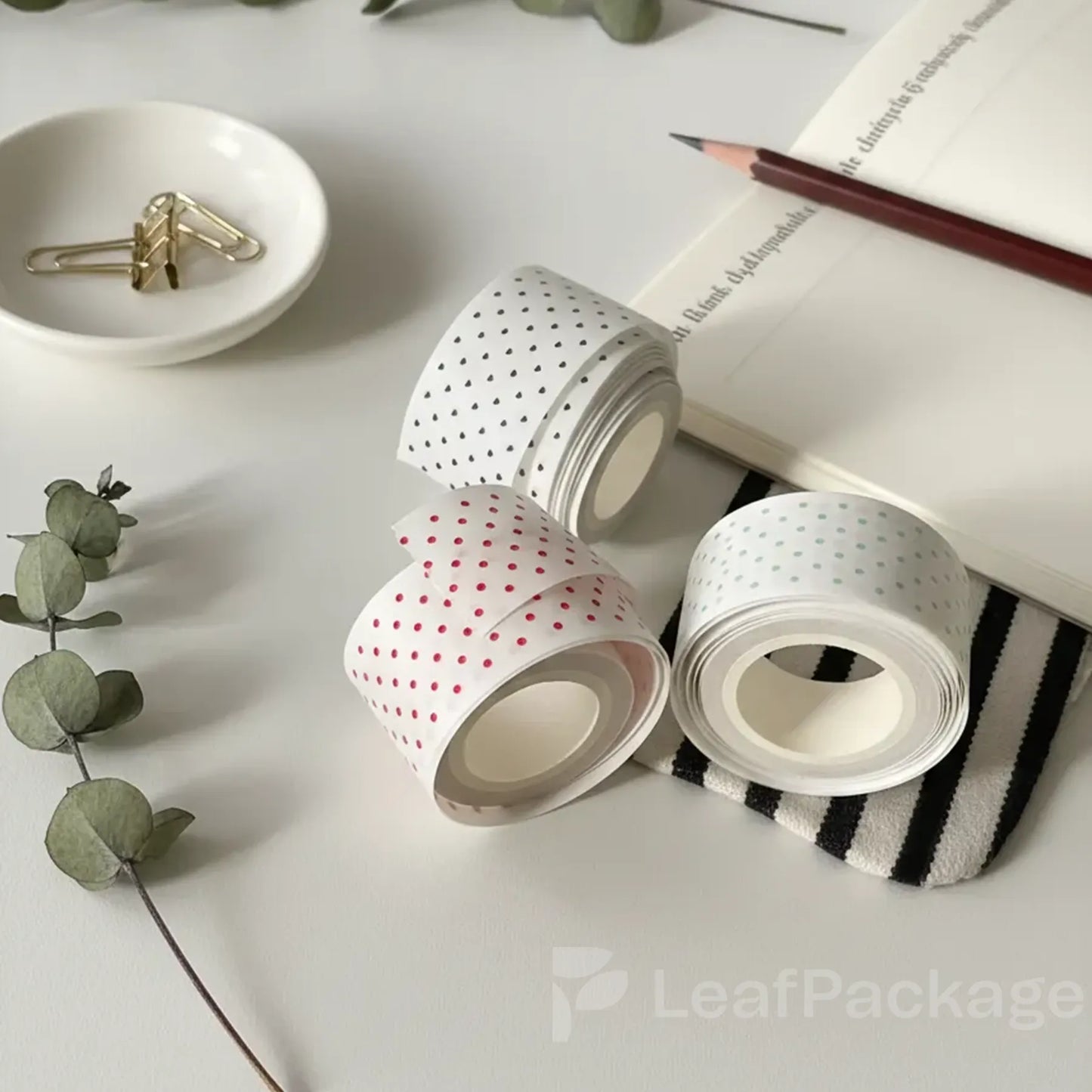 LeafPackage custom glassine paper tape for sustainable small business packaging, featuring eco-friendly materials and personalized logo printing.