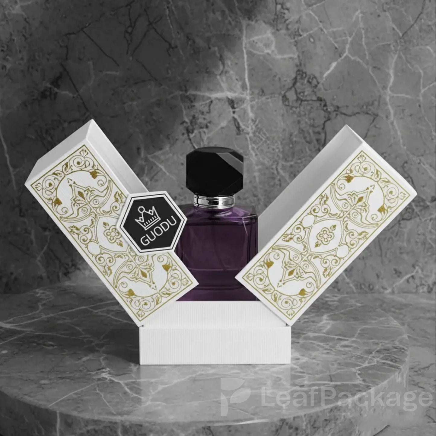 LeafPackage luxury perfume box made with eco-friendly paper and premium finishes, perfect for high-end fragrance brands seeking sustainable custom packaging.