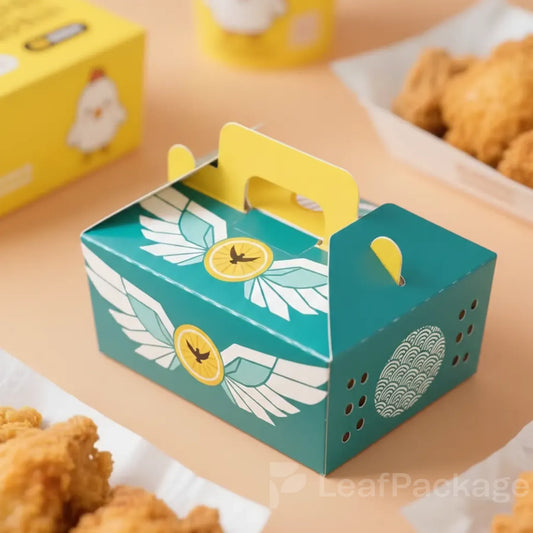 LeafPackage custom takeout box with handle, food-grade, ideal for fried snacks, perfect for small business eco-friendly packaging.