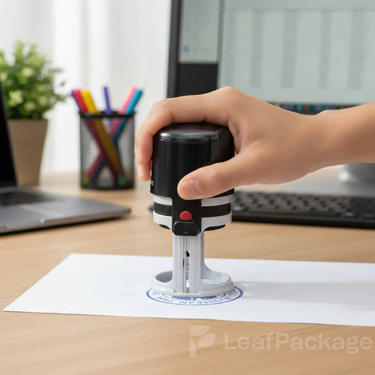 Eco friendly self inking stamp with refillable ink pad, designed for long lasting use and sustainable business branding.