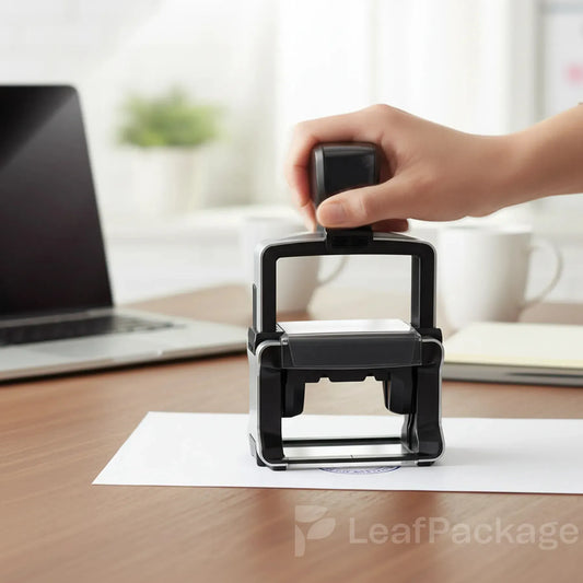 Personalized self inking stamp with refillable ink pad, made from eco friendly materials, perfect for business branding and document marking.