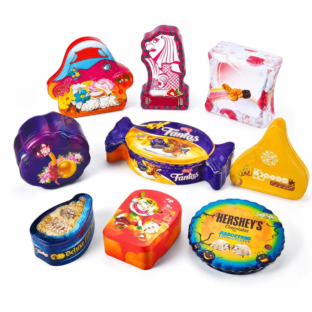 Collection of colorful custom printed candy tins
