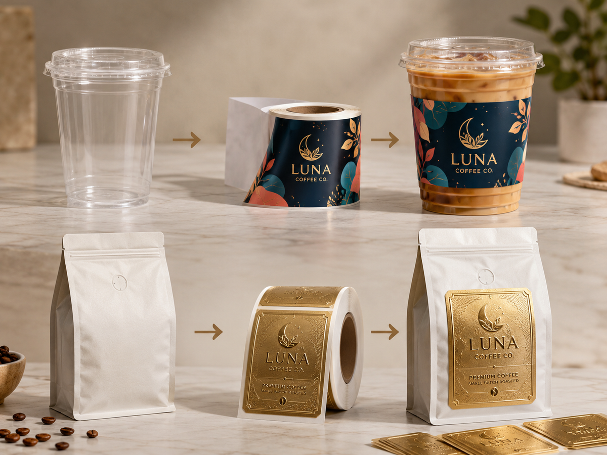 Blank packaging upgraded with custom labels for small business packaging