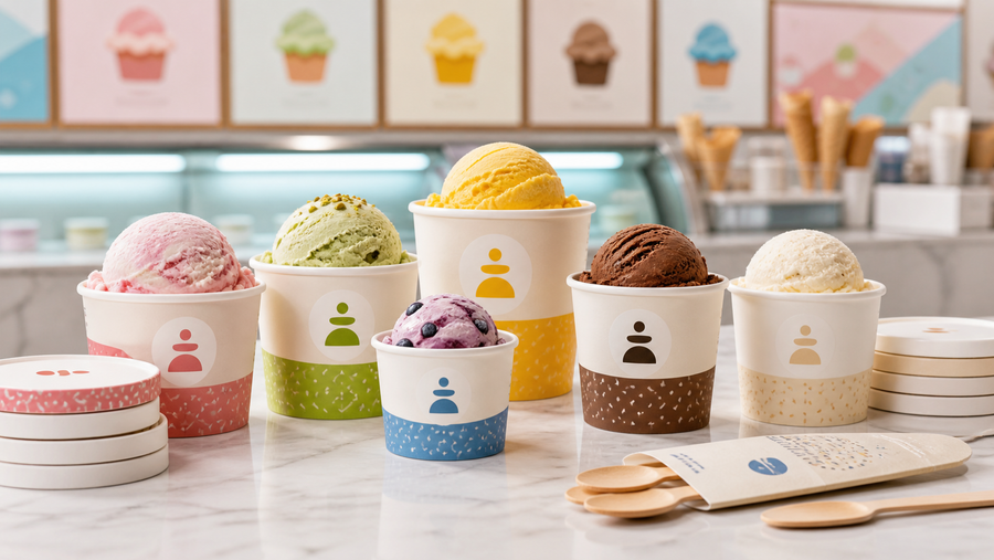 Flavor-coded custom ice cream cups with paper lids and wooden spoons for scoop shop packaging ideas