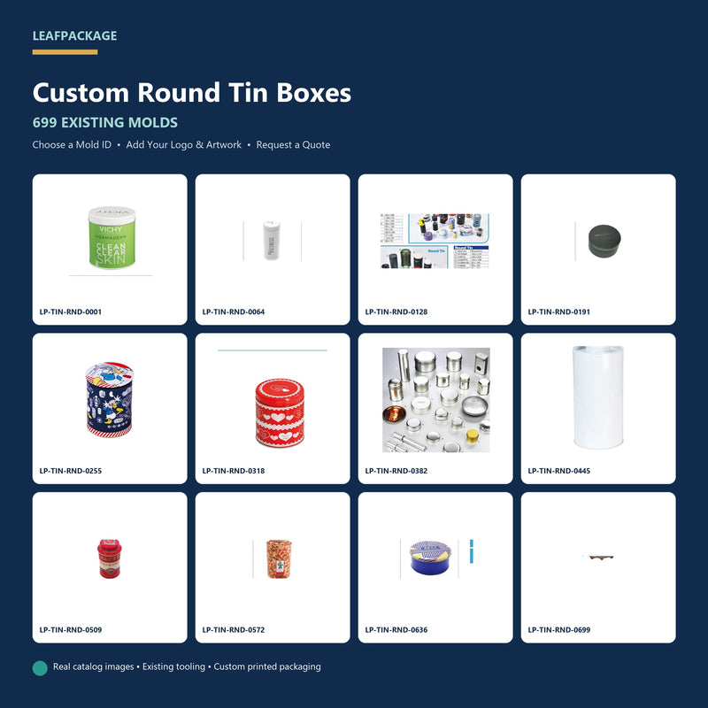 Custom Round Tin Boxes with 699 existing molds