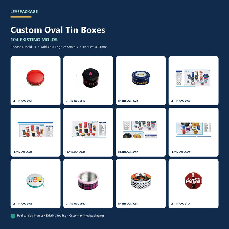 Custom Oval Tin Boxes with 104 existing molds