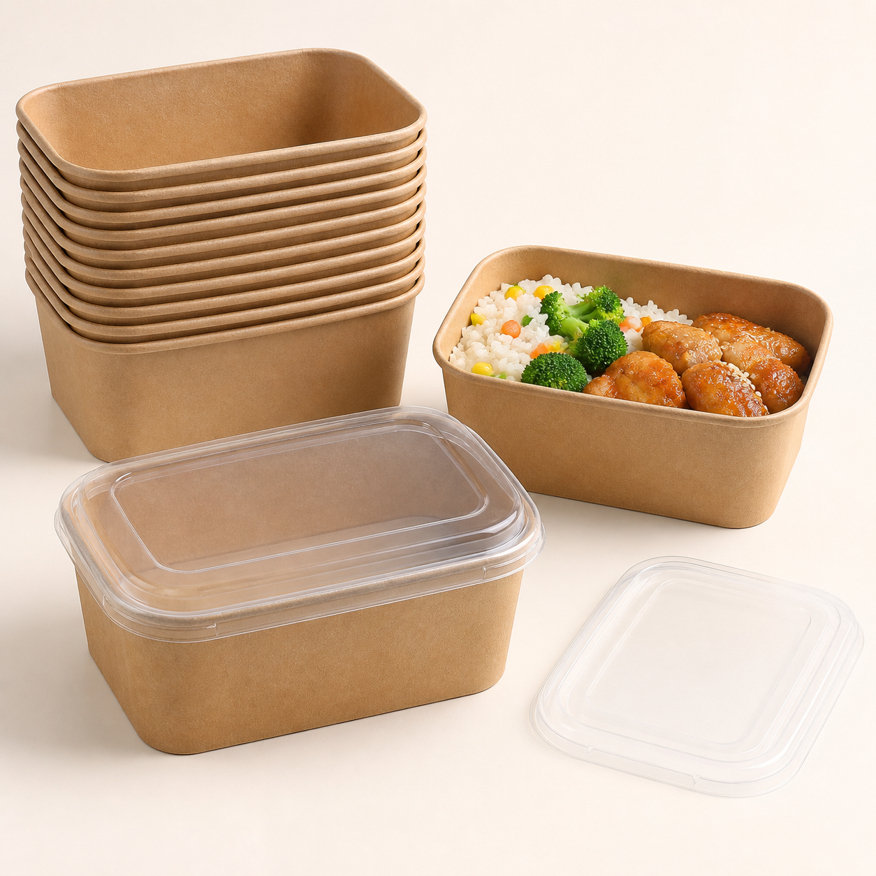 Rectangular kraft paper food containers with clear PP lids in 580ml to 1000ml sizes