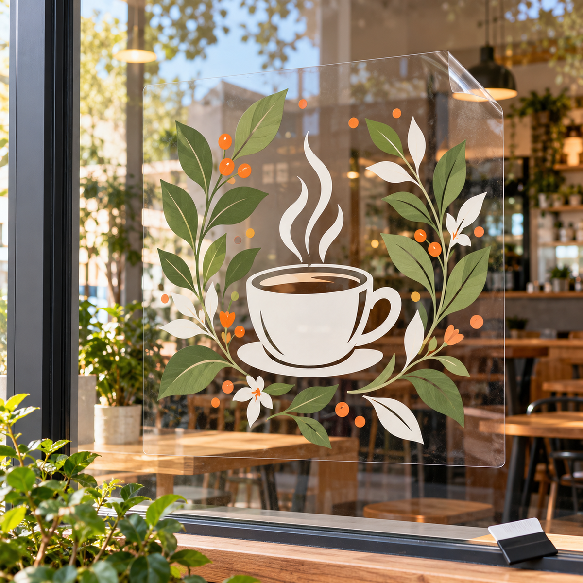 Custom large clear window decal with original botanical coffee artwork on storefront glass