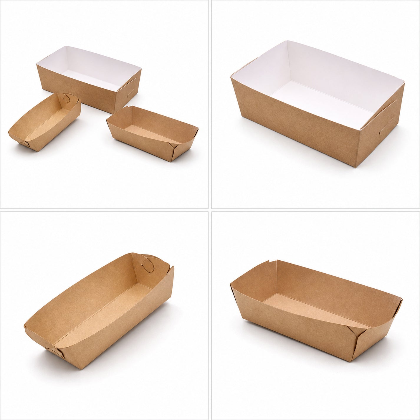 Custom paper food trays in three interlocking styles collage