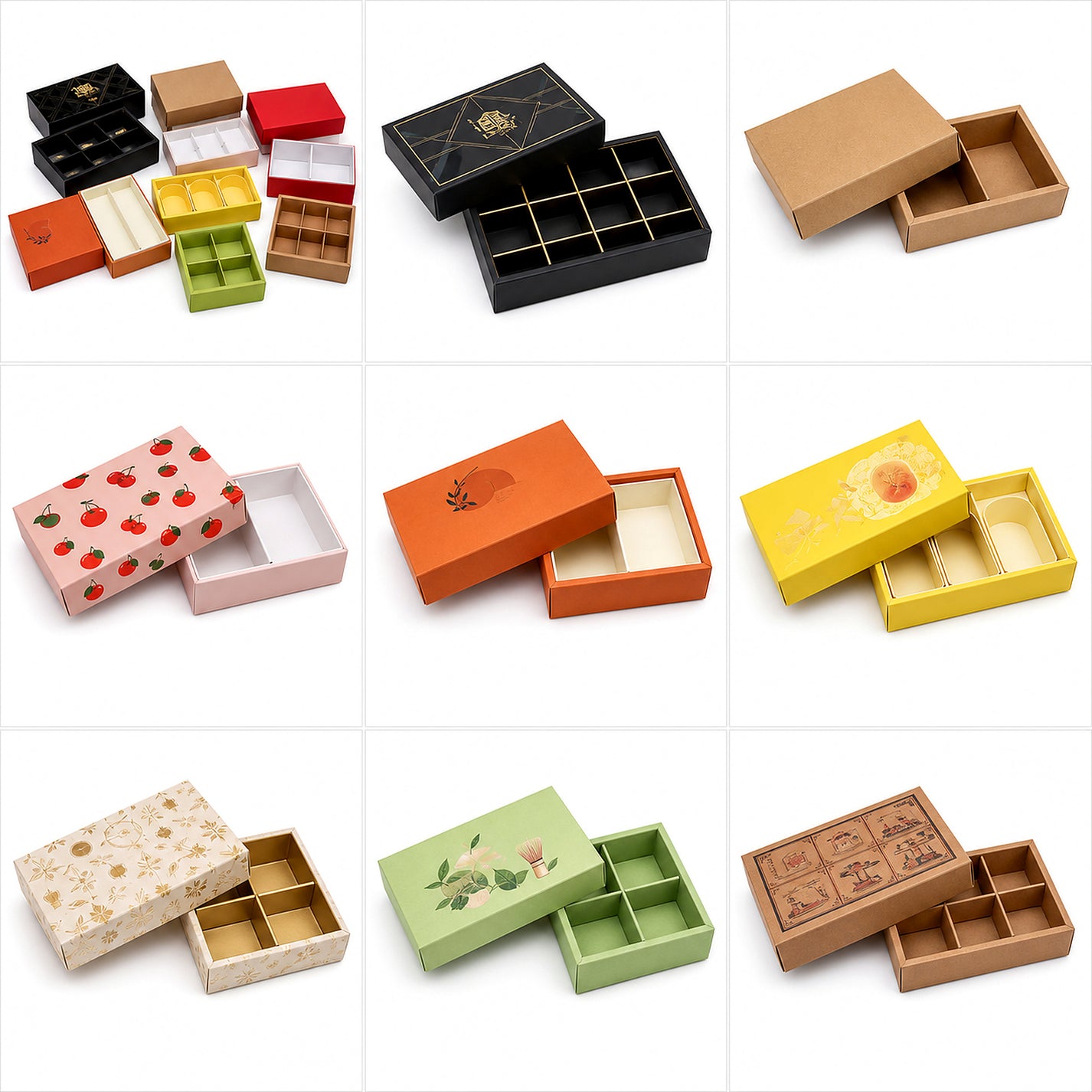 Custom small lid and base paper gift boxes collage