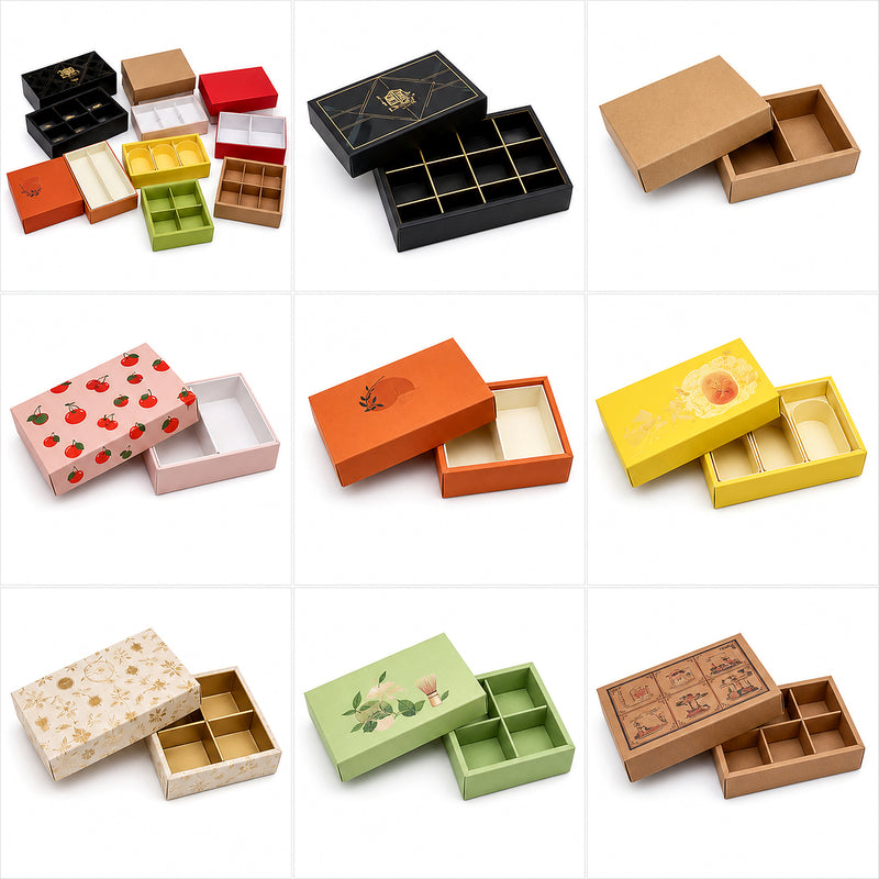 Custom small lid and base paper gift boxes collage