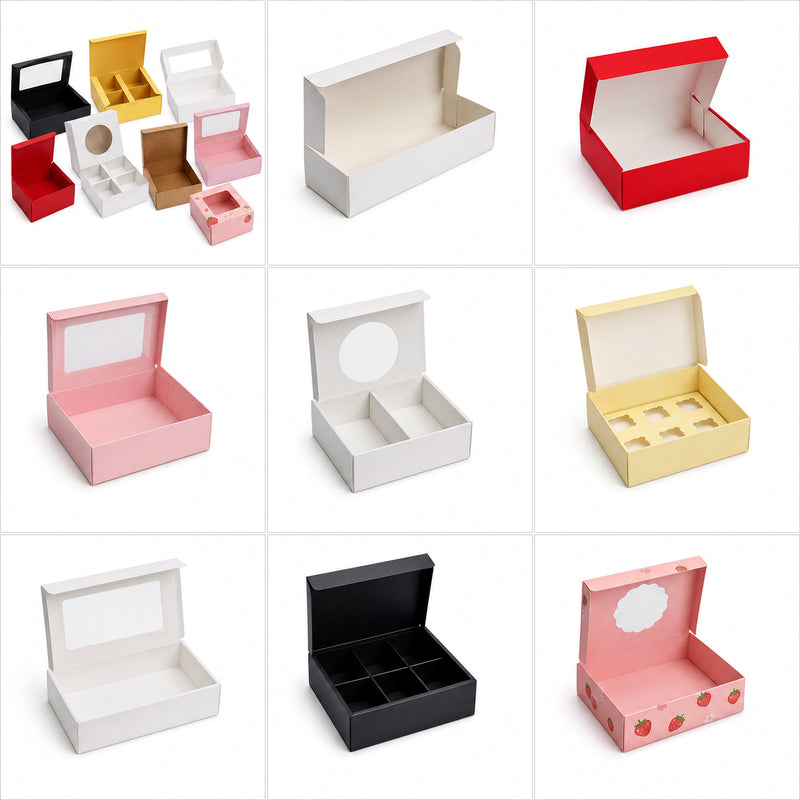 Custom straight corner flip top paper boxes collage
