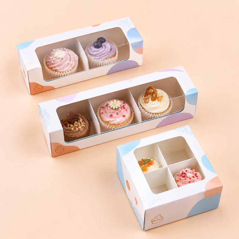 Custom window cupcake boxes in 2, 3 and 4 compartment formats