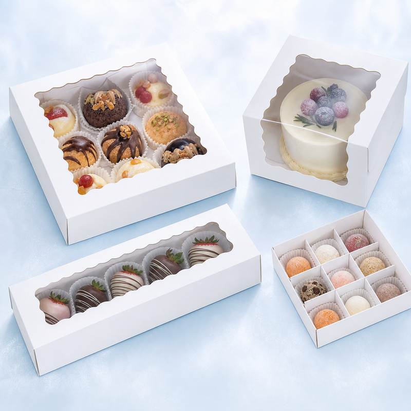 Freezer-safe square and rectangular window pastry boxes with dividers