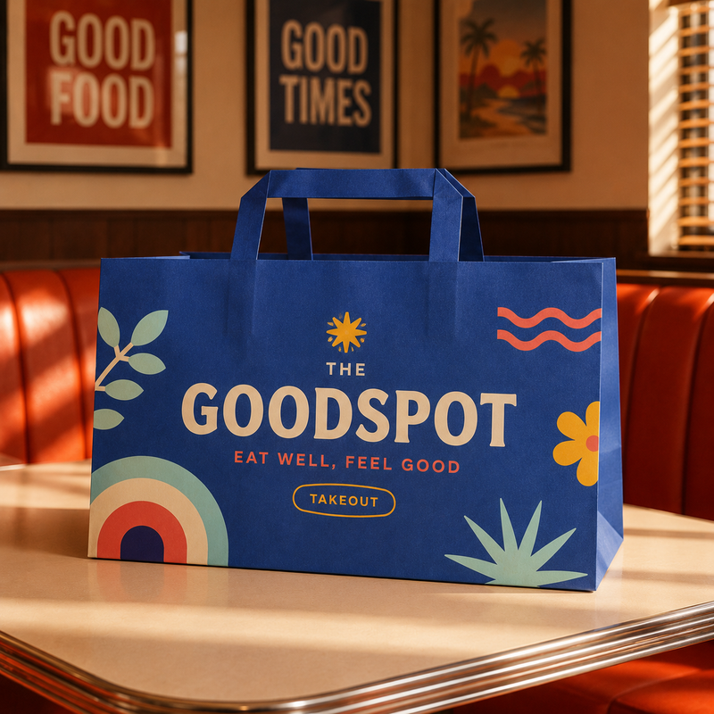 Custom Flat Handle Kraft Paper Takeout Bags with Logo