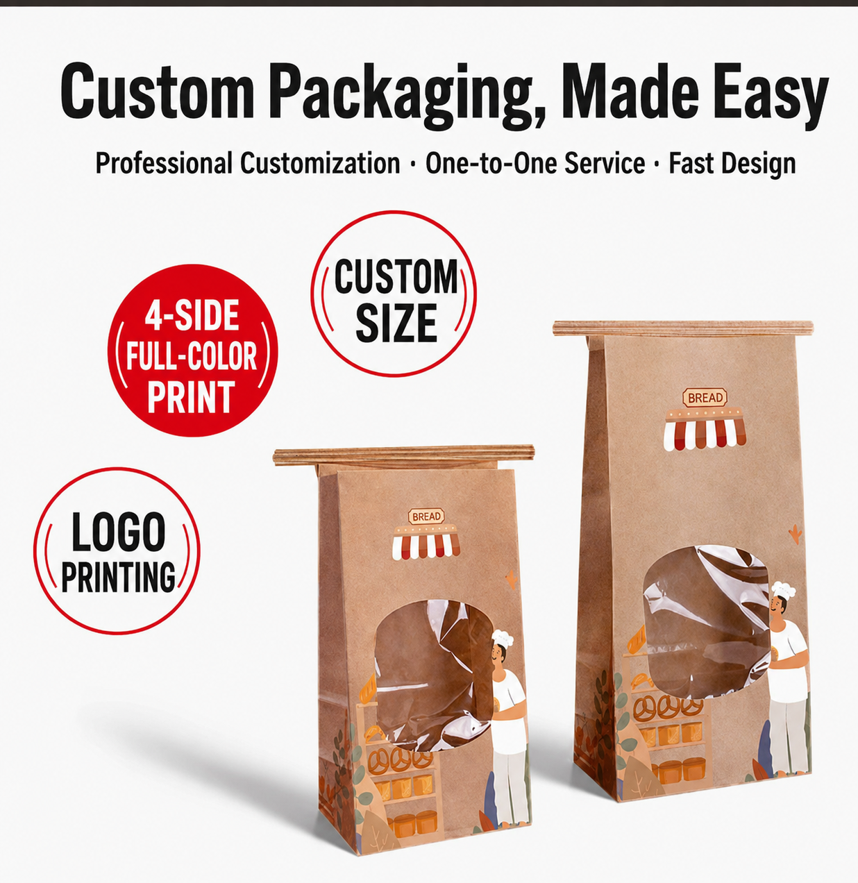 Custom printed tin-tie window paper bags with logo and four-side printing