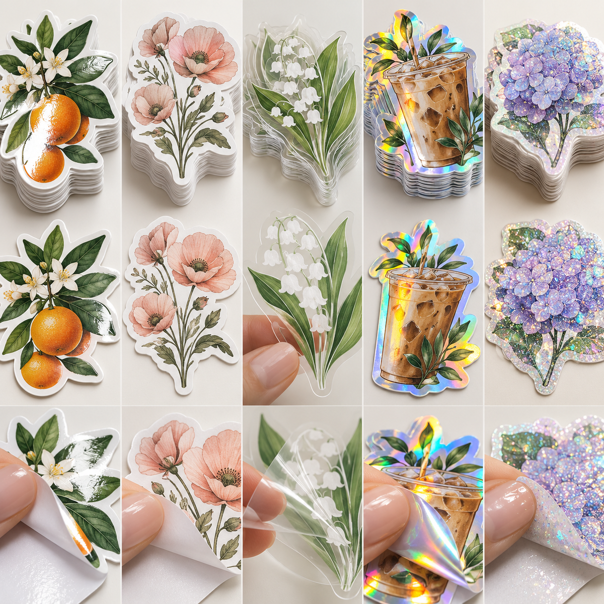 Glossy matte clear holographic and glitter custom sticker material examples