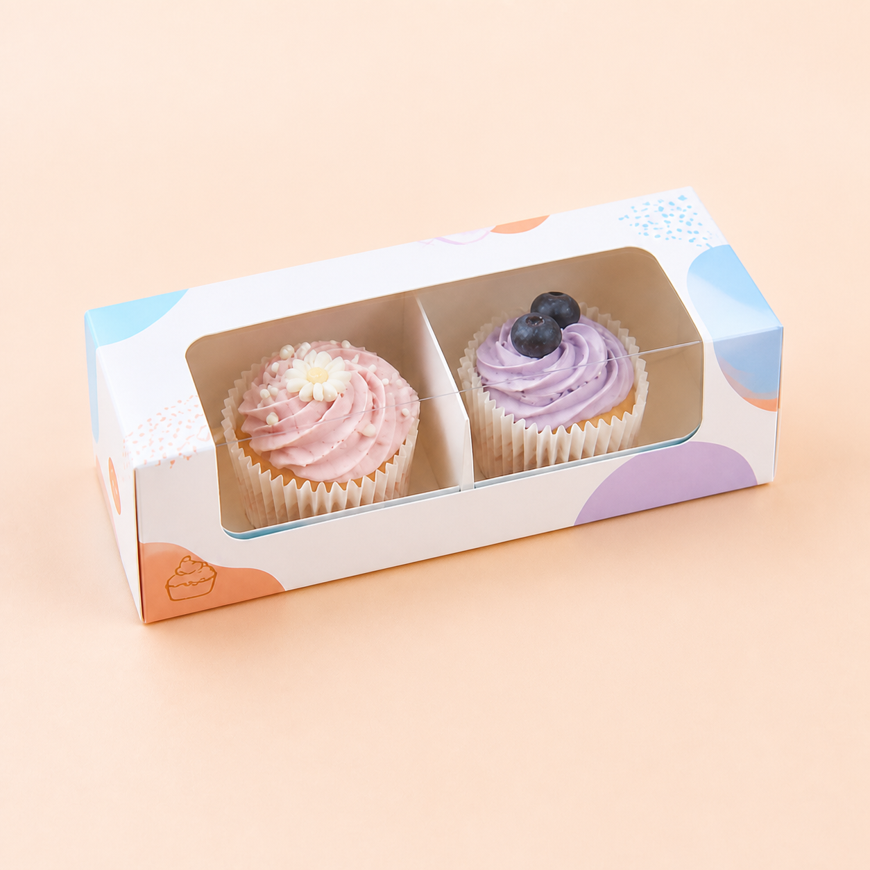 Two compartment custom window cupcake box 14 x 7 x 6 cm