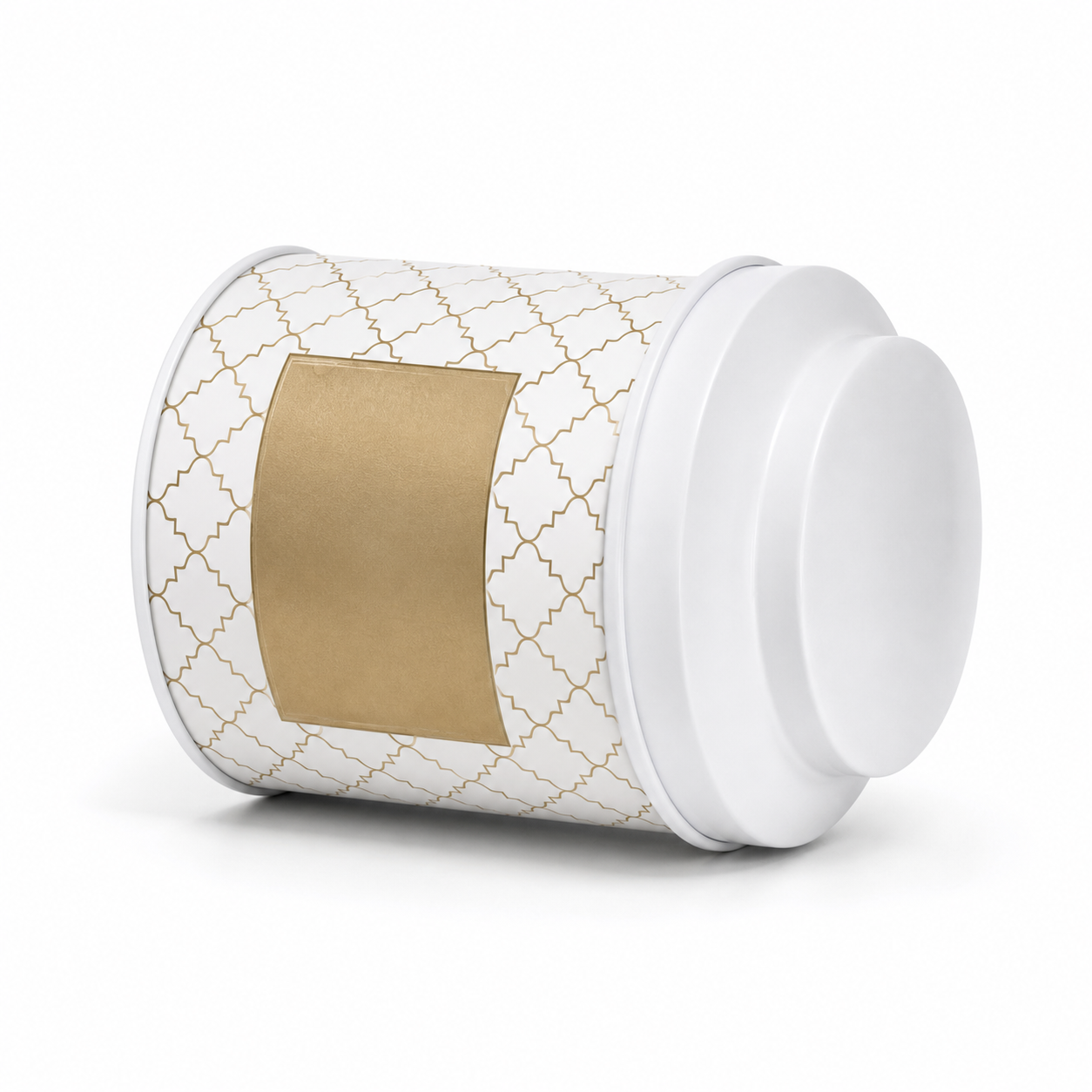 LeafPackage custom round tin food can on warm beige background 2