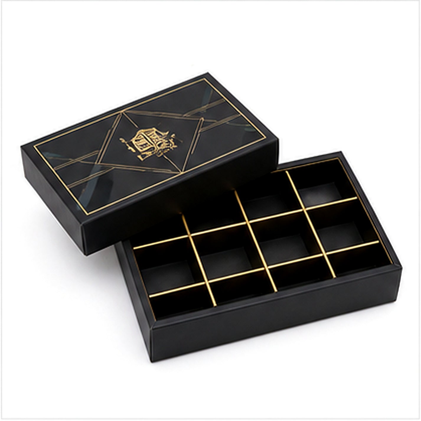 Black and gold chocolate lid and base gift box with compartments