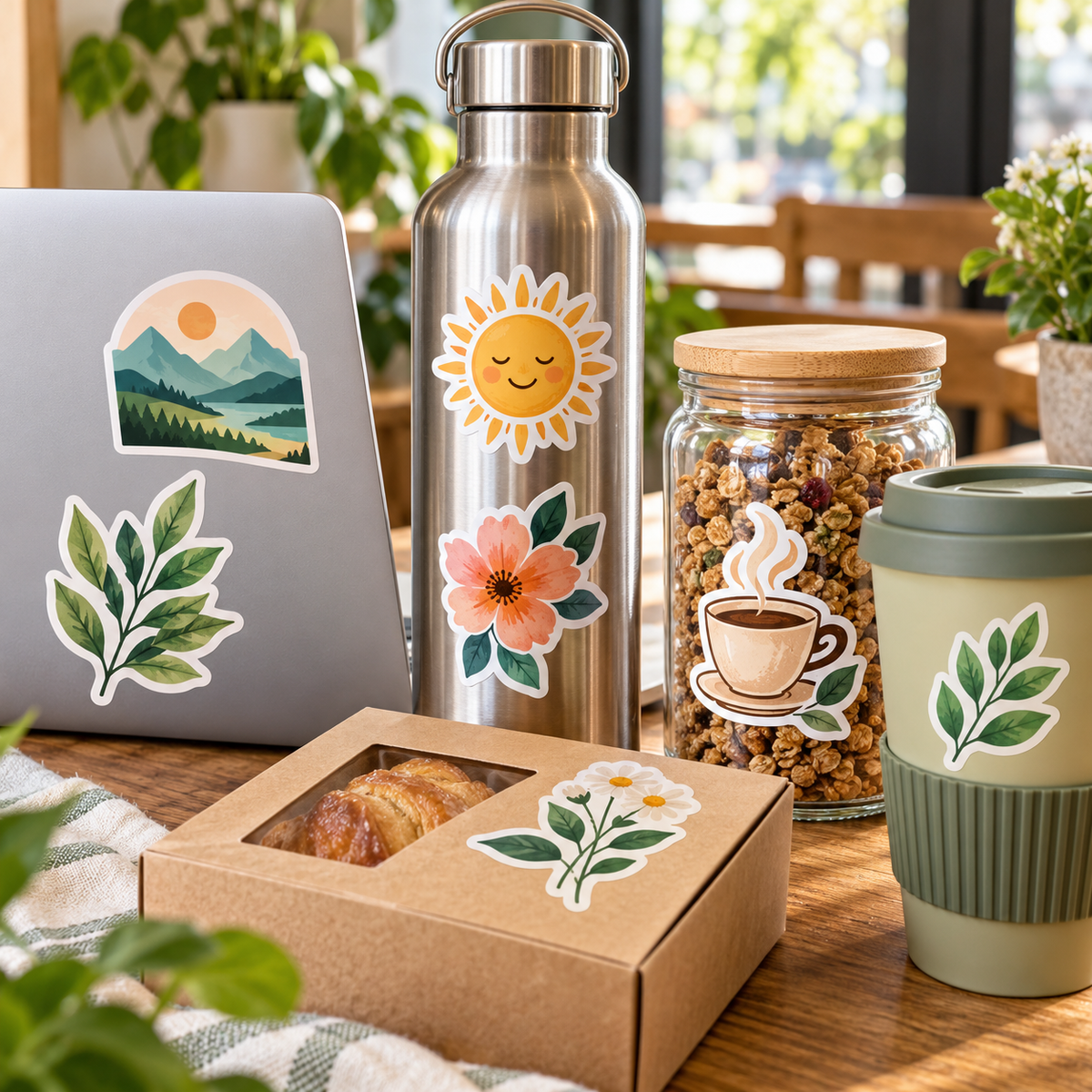 Custom die-cut logo stickers for bottles laptops jars cups and bakery packaging