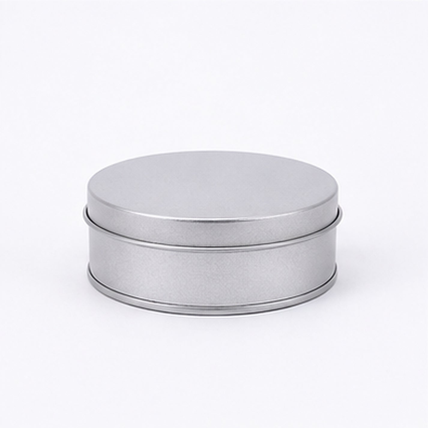 Shallow silver round tin can with flat lid, 65 x 25 mm reference