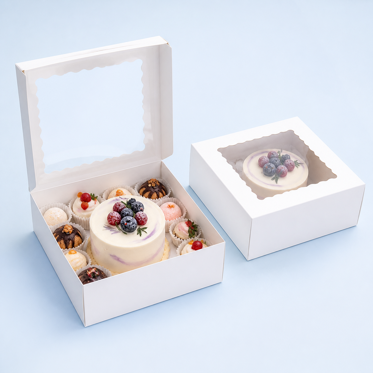Square freezer-safe flip-top window cake box