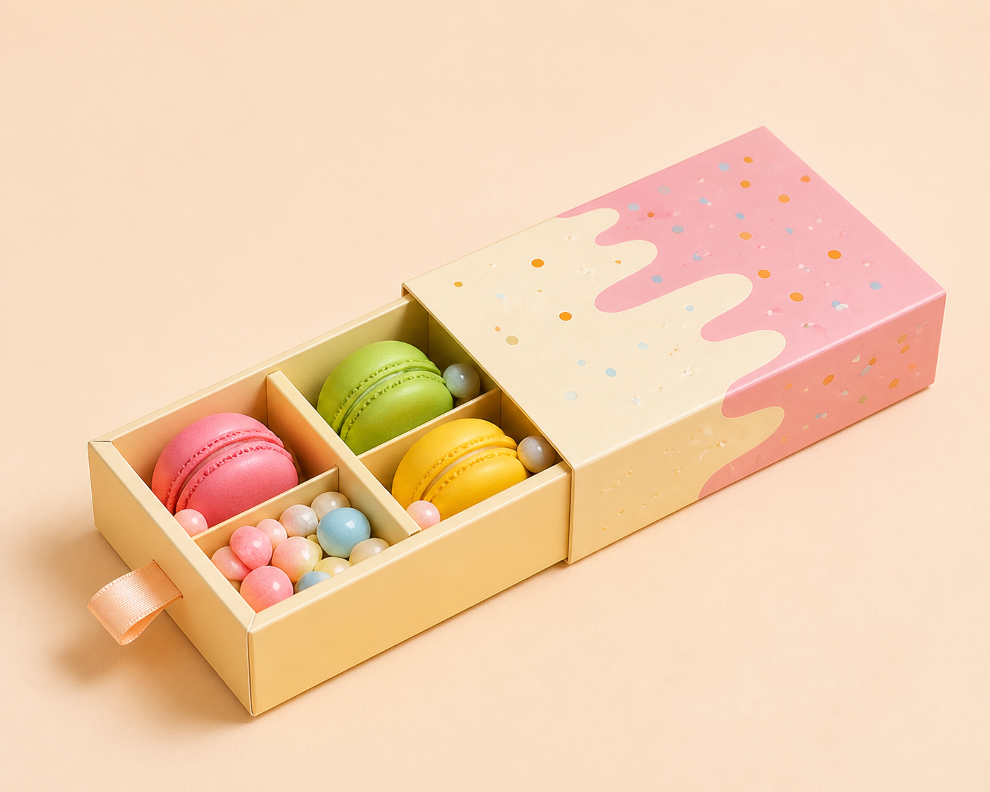 Three compartment custom drawer gift box for macarons and candy