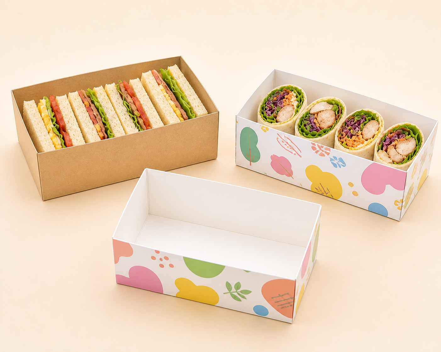 Custom right-angle food paper trays for sandwiches and wraps