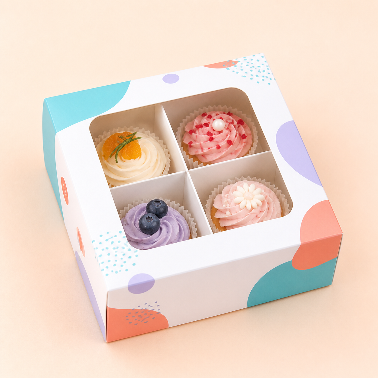 Four compartment custom window cupcake box 13.2 x 13.2 x 6.2 cm