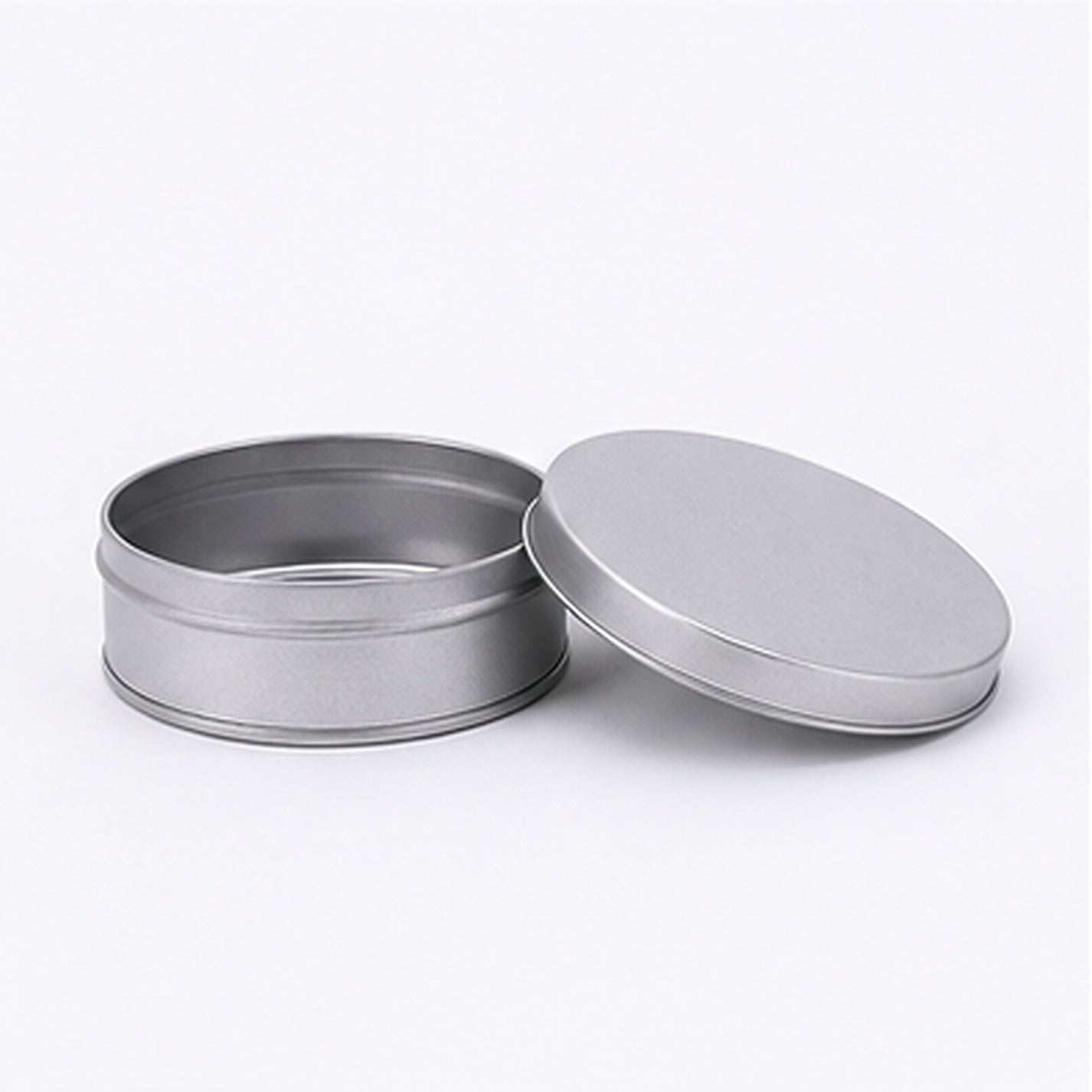Open silver round tin can with removable flat lid, 65 x 30 mm reference