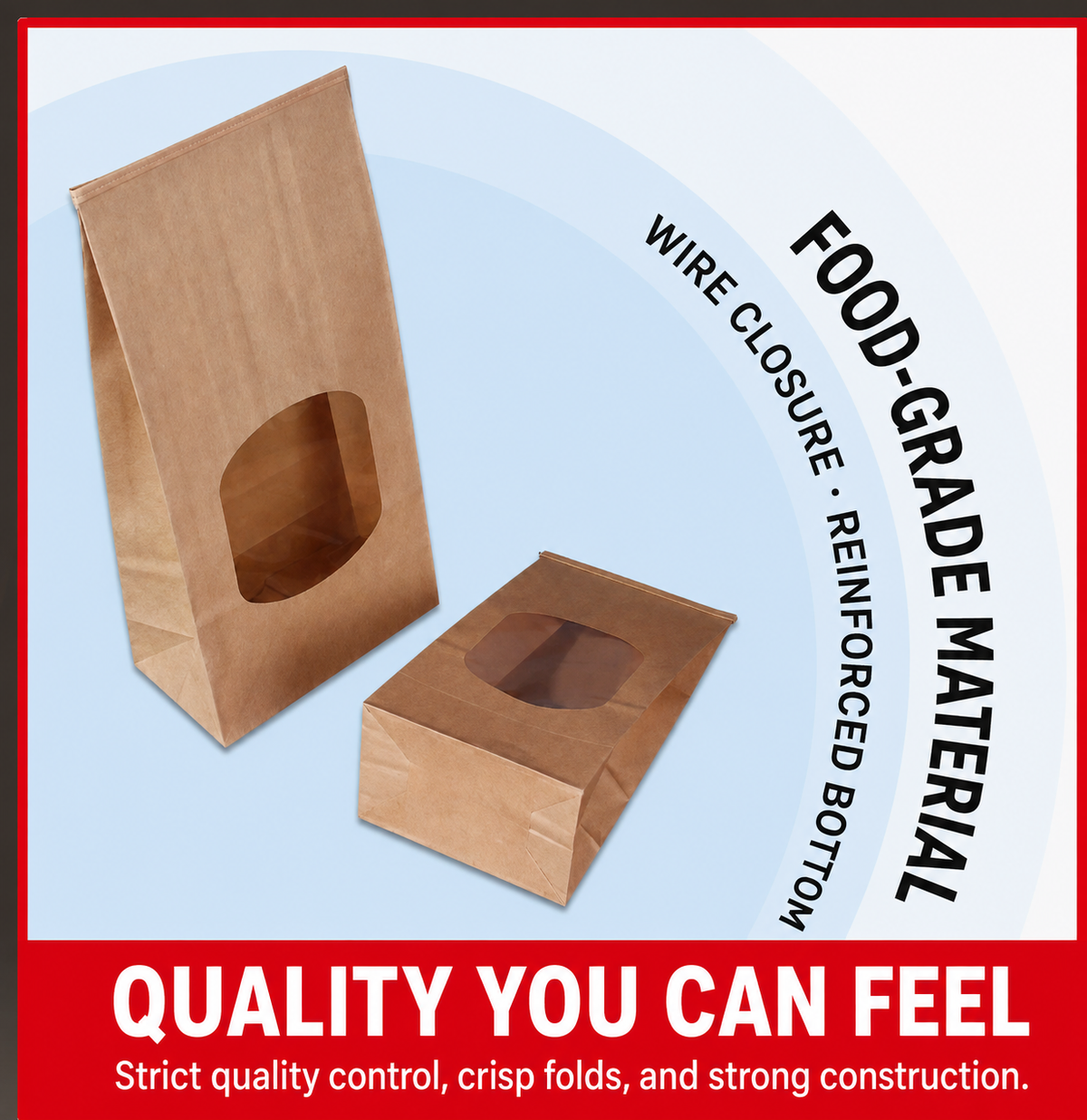Food-grade paper, wire closure, reinforced bottom, and quality details