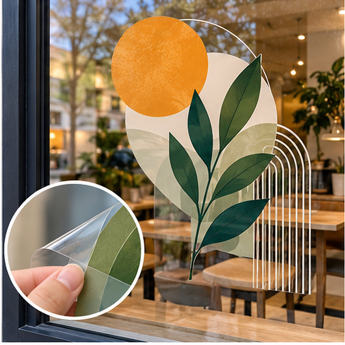 Inside-glass front-adhesive clear window decal viewed correctly from outside