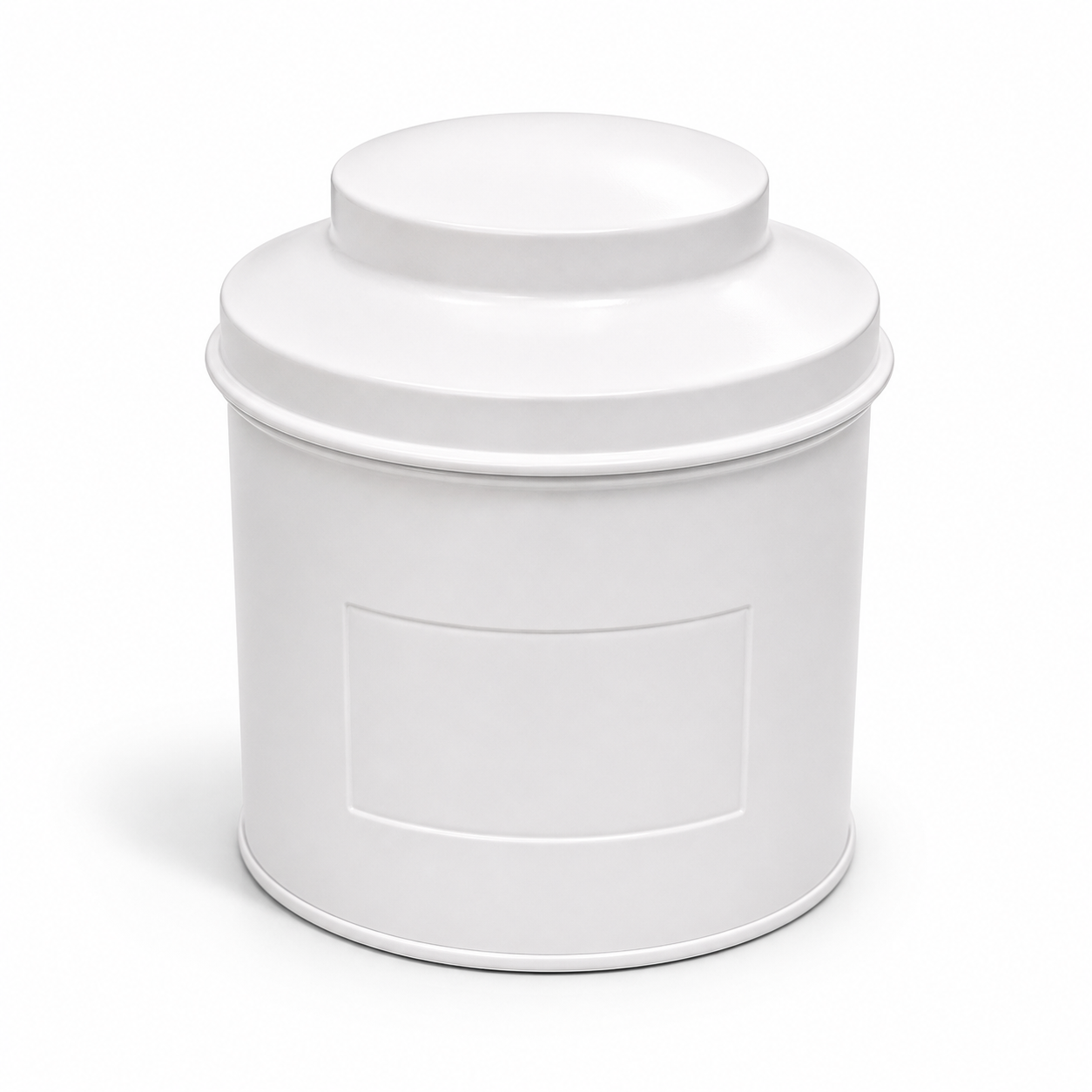 LeafPackage custom round tin food can on warm beige background 4