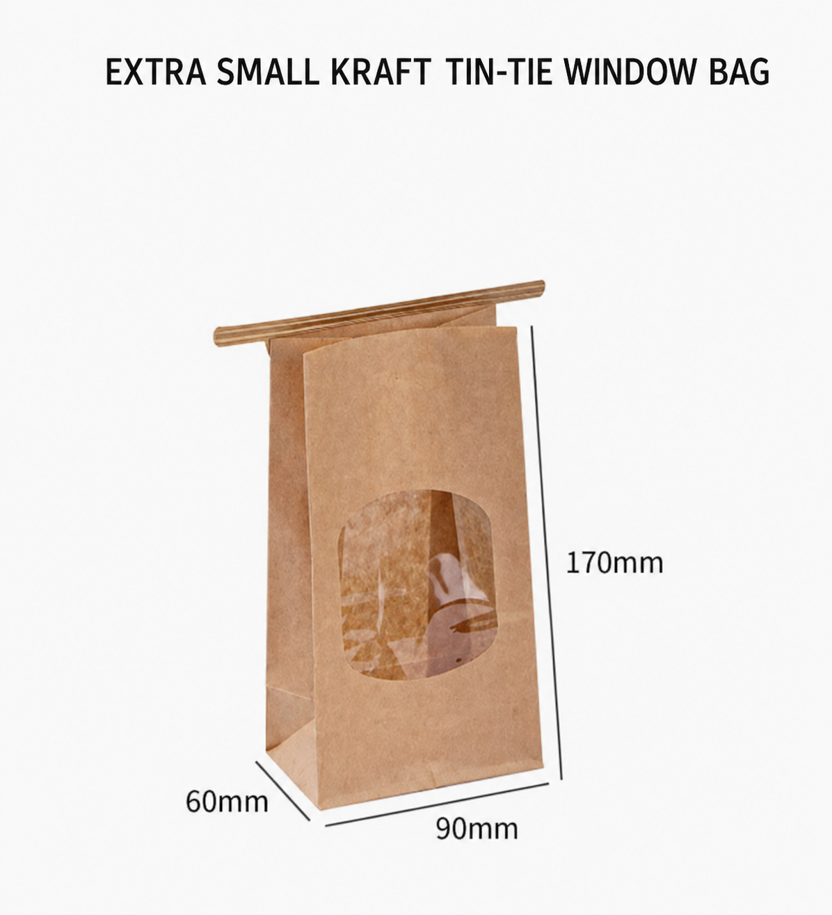 Extra small kraft tin-tie window bag, 90 x 60 x 170 mm
