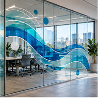 Custom clear window graphic on a modern office glass partition