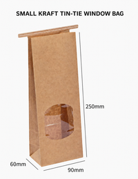 Small kraft tin-tie window bag, 90 x 60 x 250 mm