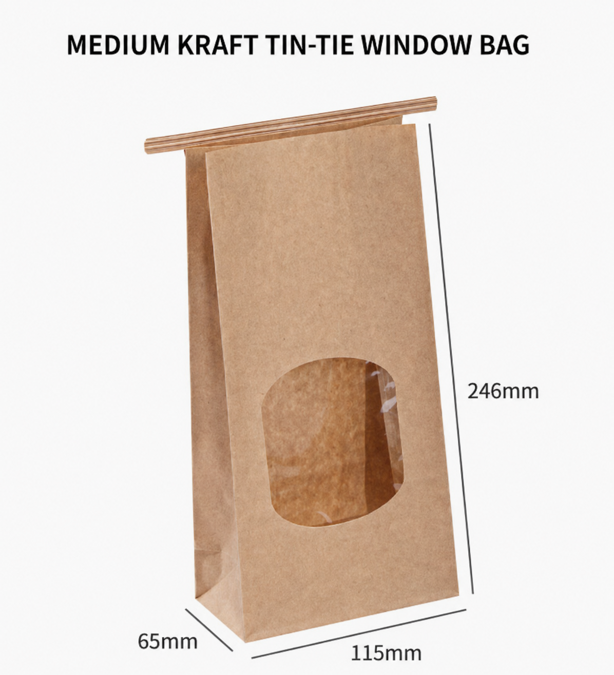 Medium kraft tin-tie window bag, 115 x 65 x 246 mm