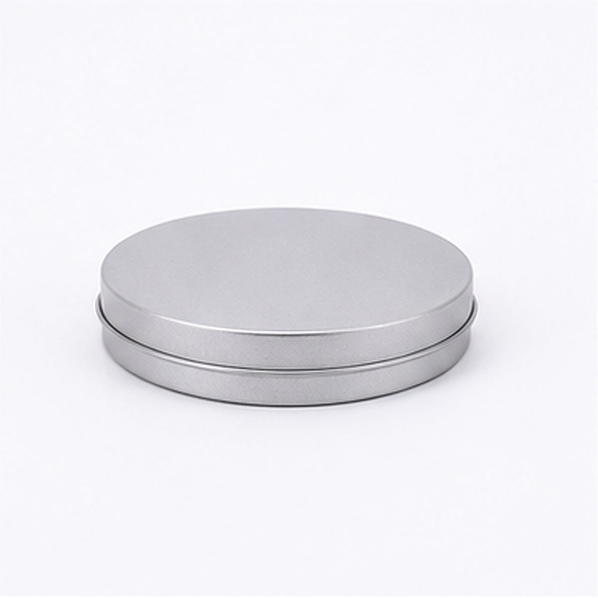 Wide shallow silver round tin can, 90 x 20 mm reference