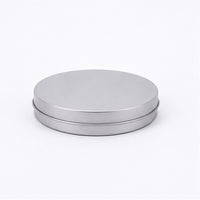 Wide shallow silver round tin can, 90 x 20 mm reference