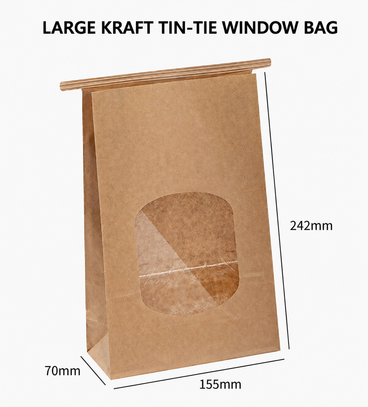 Large kraft tin-tie window bag, 155 x 70 x 242 mm