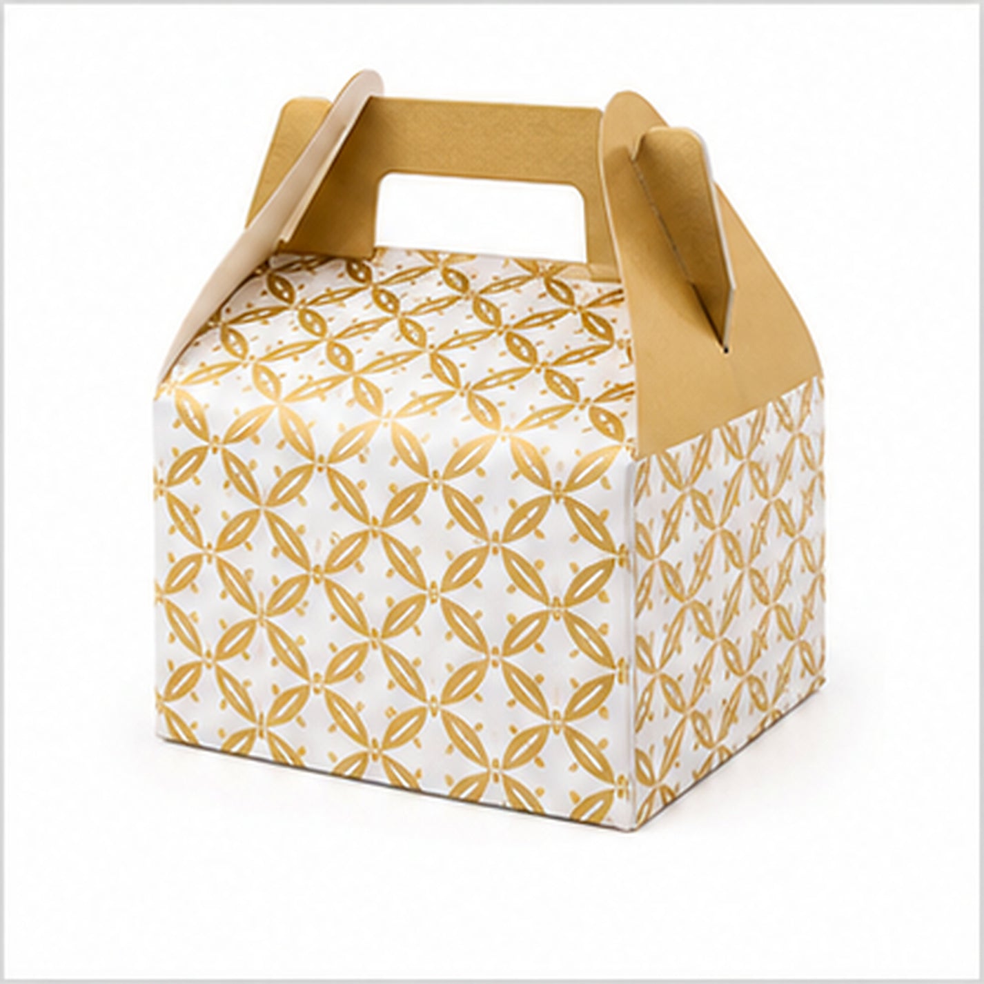 Model No. 2 gold pattern handled gable cake box