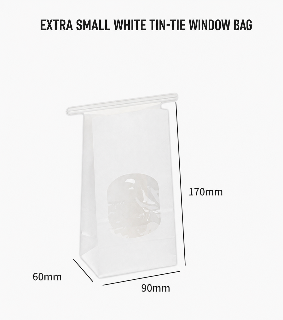 Extra small white tin-tie window bag, 90 x 60 x 170 mm