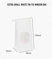 Extra small white tin-tie window bag, 90 x 60 x 170 mm