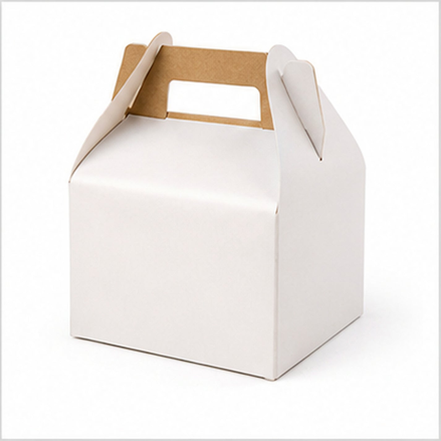 Model No. 2 white and kraft handled gable cake box