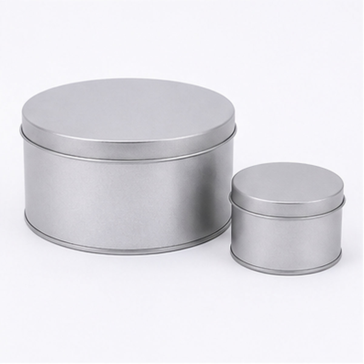 Large silver round tin can with flat lid, 120 x 120 mm reference