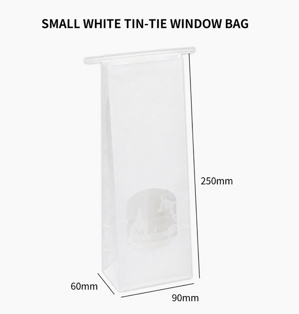 Small white tin-tie window bag, 90 x 60 x 250 mm