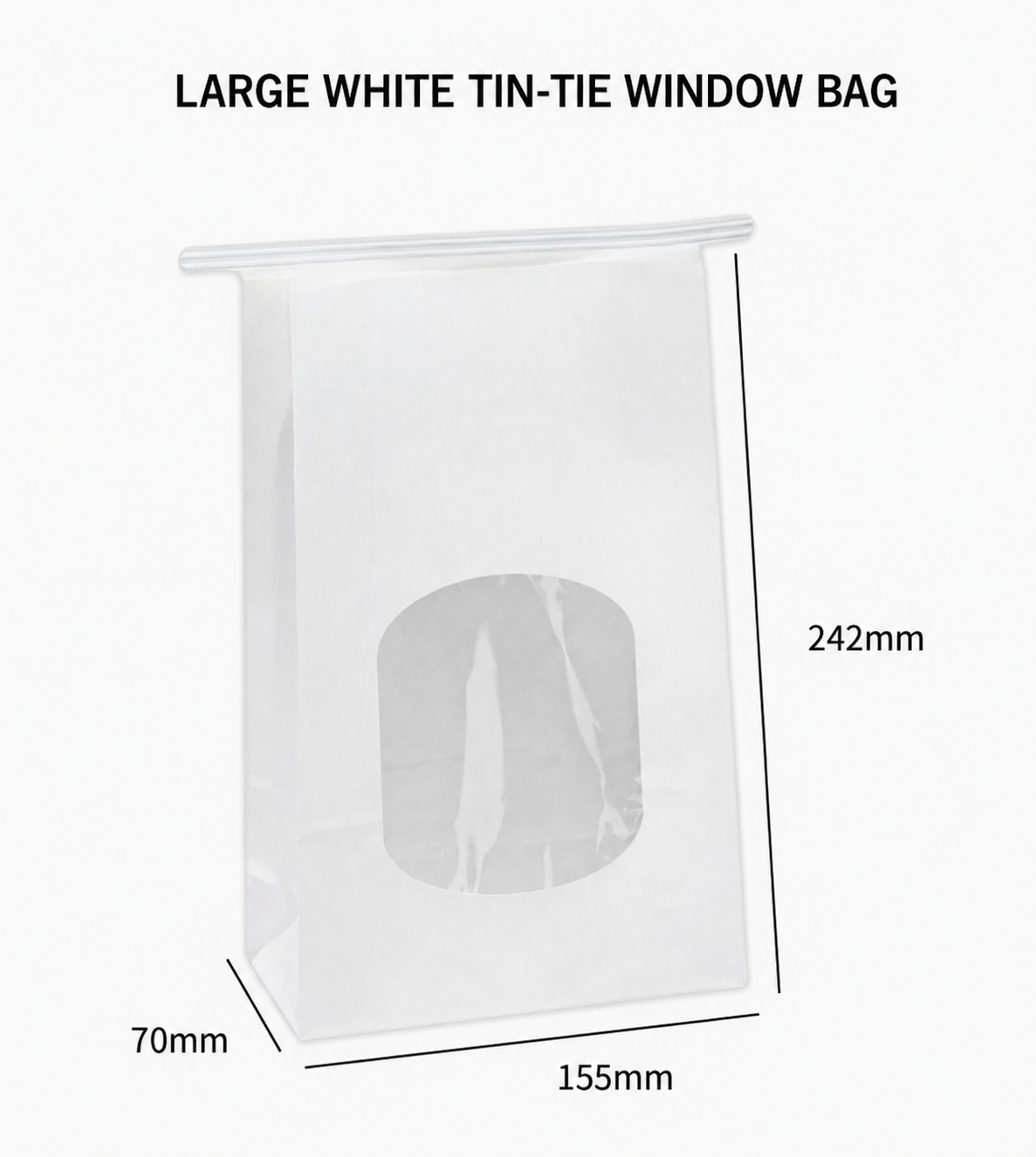 Large white tin-tie window bag, 155 x 70 x 242 mm